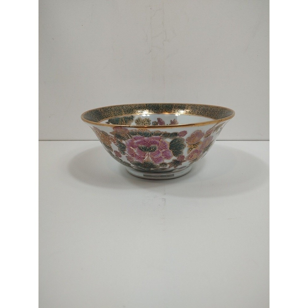 Vintage Oriental Display Bowl‎ Green Gold Mauve Floral 8.5" Ornate Flowers